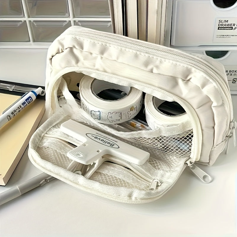 1pc of Beige Pencil Case with a Flap Featuring a Pacha Dog, Stylish Design, Large Capacity, And Multiple Layers for Organizing Stationery