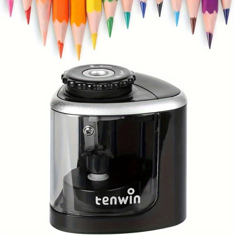 An automatic electric pencil sharpener that quickly sharpens in seconds. Features - suitable for desktop use, maintenance-free, compact design, sharpens pencils in seconds, electric pencil sharpener, office supplies, stylish design, shavings