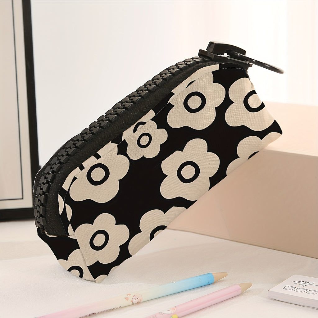1pc, Large Zipper Pencil Case with Floral Print, Spacious Makeup Bag, Oversized Zipper Stationery Pencil Case Suitable for Pens And School Supplies