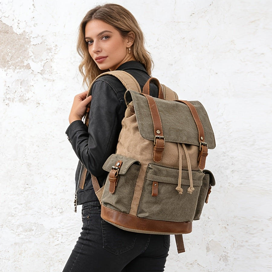 Fashionable Large Capacity Backpack | Khaki Color, Material, Adjustable Strap, Drawstring Closure, Utility Pockets, Ideal for Travel and Commuting