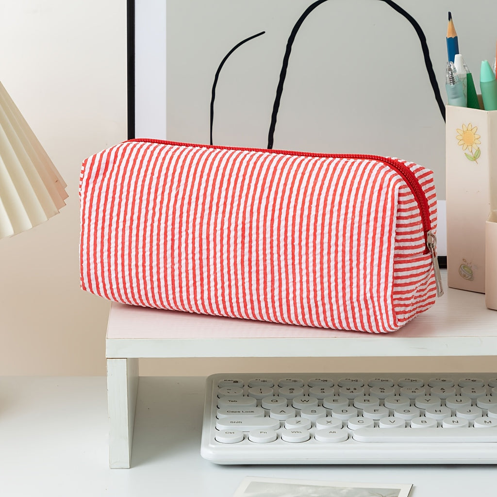 1pc Large Capacity Bubble Gauze Pencil Case with Embroidered Striped Supply Organizer - Bubble Layers for Easy Access, Compact Travel Storage Bag for,, Students (for erasers, Rulers, Pens, Notebooks)