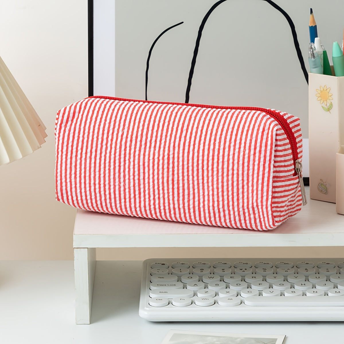 1pc Large Capacity Bubble Gauze Pencil Case with Embroidered Striped Supply Organizer - Bubble Layers for Easy Access, Compact Travel Storage Bag for,, Students (for erasers, Rulers, Pens, Notebooks)