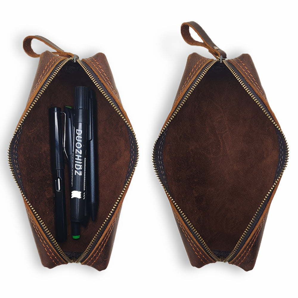 Vintage Leather Pencil Case Vintage-Style Genuine Leather Men's Pencil Case | Top-Grain Cowhide Clutch for Coins, Keys, Stationery - Perfect Father's Day Gift or Birthday Present for School & Office