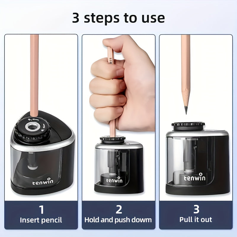 An automatic electric pencil sharpener that quickly sharpens in seconds. Features - suitable for desktop use, maintenance-free, compact design, sharpens pencils in seconds, electric pencil sharpener, office supplies, stylish design, shavings