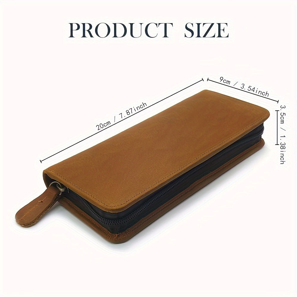 A Vintage Crazy Horse Leather Pencil Case Made of Top Layer Cowhide, Featuring a Creative Square Zipper Design, Pocket Insert for Pens, Perfect As a Father'S Day Gift Or a Birthday Present for Men