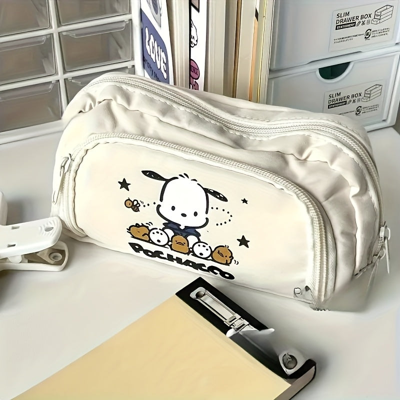 1pc of Beige Pencil Case with a Flap Featuring a Pacha Dog, Stylish Design, Large Capacity, And Multiple Layers for Organizing Stationery