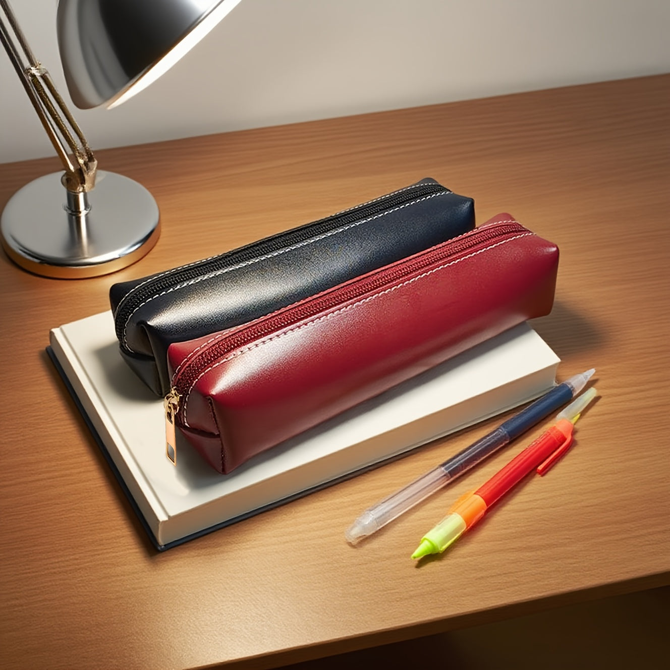 Minimalist Faux Leather Pen Case Compatible for Pens, Pencils & Small Items - Zipper Closure & Labeling, Wine Color & Black - Compact Durable Pencil Holder for, Office, for stationery Organization (Students, Teachers)