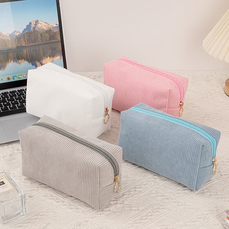 Korean version of cute nylon pencil case, large capacity, high appearance, simple solid color, stationery storage bag for school students, striped makeup bag, lipstick bag
