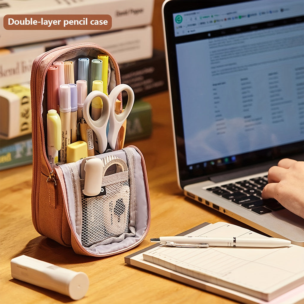 Double-Layer Pencil Case Creative Double-Layer Portable School Pencil Case | Office & Study Storage Stationery Bag | Holds Sticky Notes, Stickers, Markers | 1pc