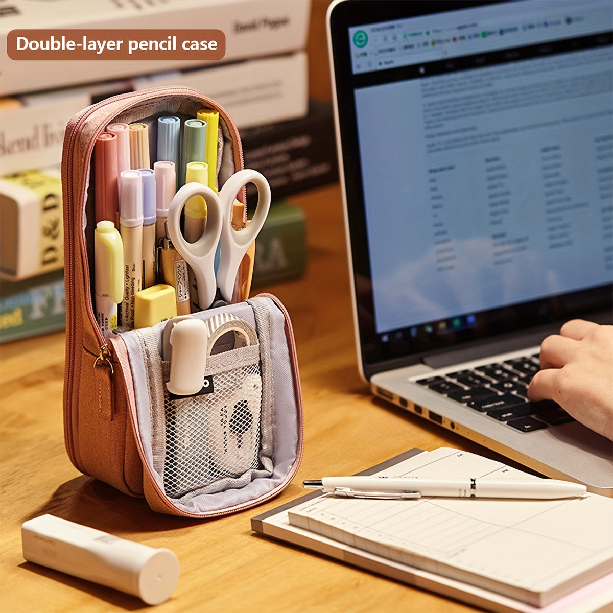 Double-Layer Pencil Case Creative Double-Layer Portable School Pencil Case | Office & Study Storage Stationery Bag | Holds Sticky Notes, Stickers, Markers | 1pc