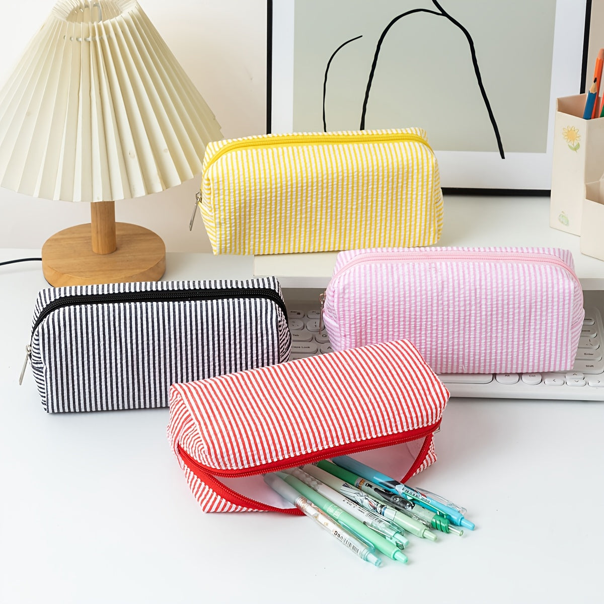 1pc Large Capacity Bubble Gauze Pencil Case with Embroidered Striped Supply Organizer - Bubble Layers for Easy Access, Compact Travel Storage Bag for,, Students (for erasers, Rulers, Pens, Notebooks)