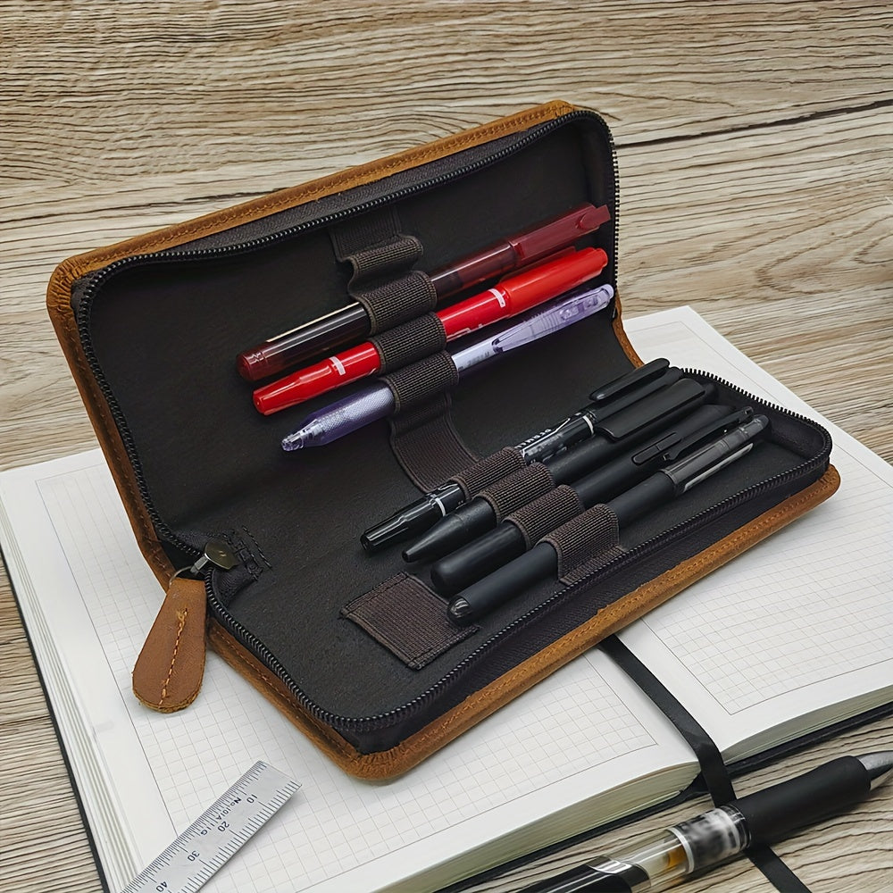 A Vintage Crazy Horse Leather Pencil Case Made of Top Layer Cowhide, Featuring a Creative Square Zipper Design, Pocket Insert for Pens, Perfect As a Father'S Day Gift Or a Birthday Present for Men