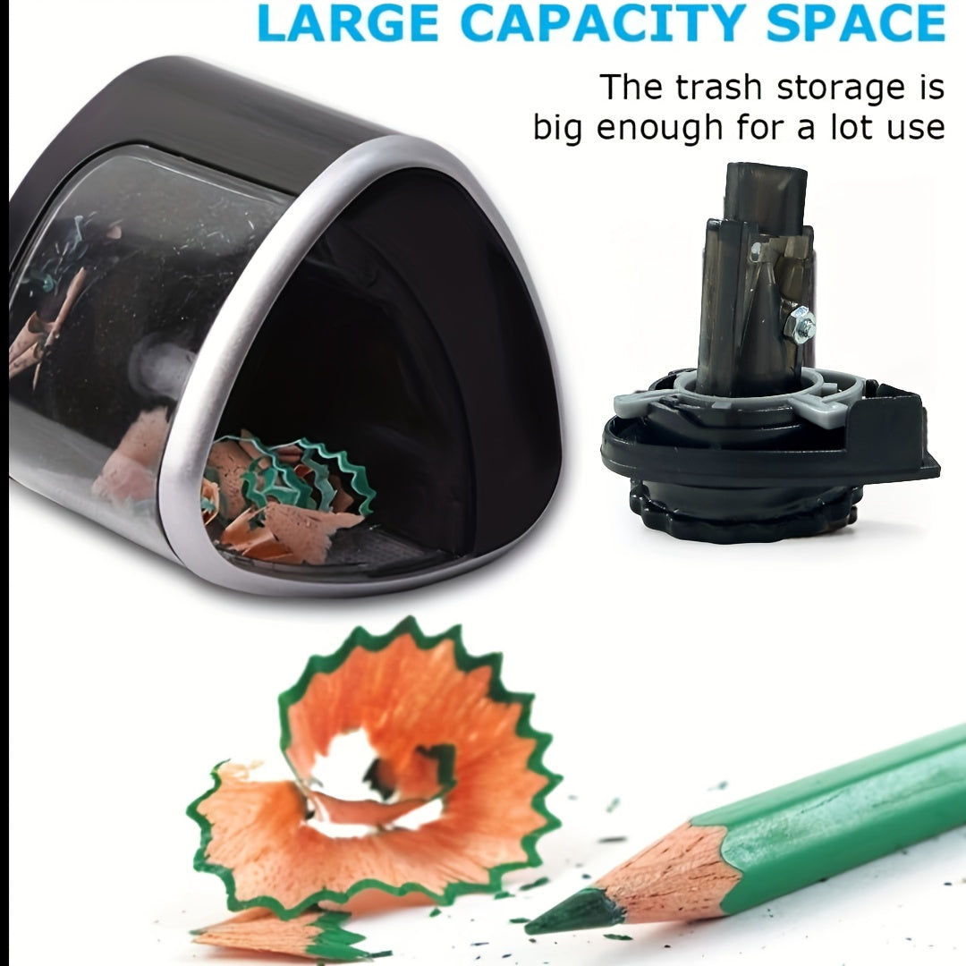 An automatic electric pencil sharpener that quickly sharpens in seconds. Features - suitable for desktop use, maintenance-free, compact design, sharpens pencils in seconds, electric pencil sharpener, office supplies, stylish design, shavings