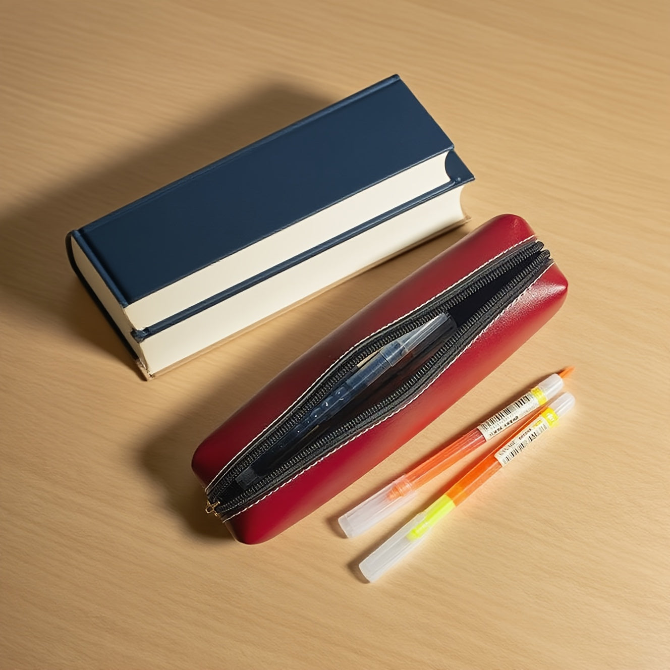 Minimalist Faux Leather Pen Case Compatible for Pens, Pencils & Small Items - Zipper Closure & Labeling, Wine Color & Black - Compact Durable Pencil Holder for, Office, for stationery Organization (Students, Teachers)