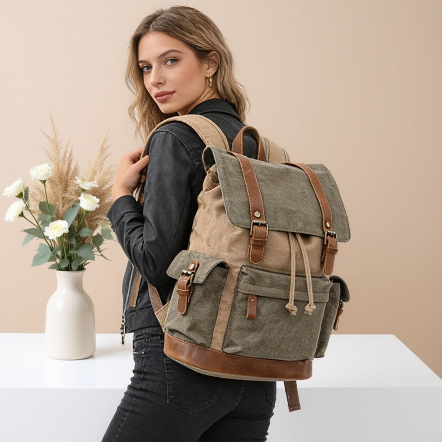 Fashionable Large Capacity Backpack | Khaki Color, Material, Adjustable Strap, Drawstring Closure, Utility Pockets, Ideal for Travel and Commuting