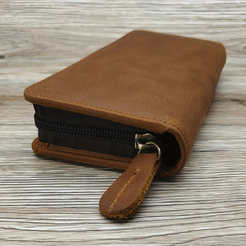 A Vintage Crazy Horse Leather Pencil Case Made of Top Layer Cowhide, Featuring a Creative Square Zipper Design, Pocket Insert for Pens, Perfect As a Father'S Day Gift Or a Birthday Present for Men