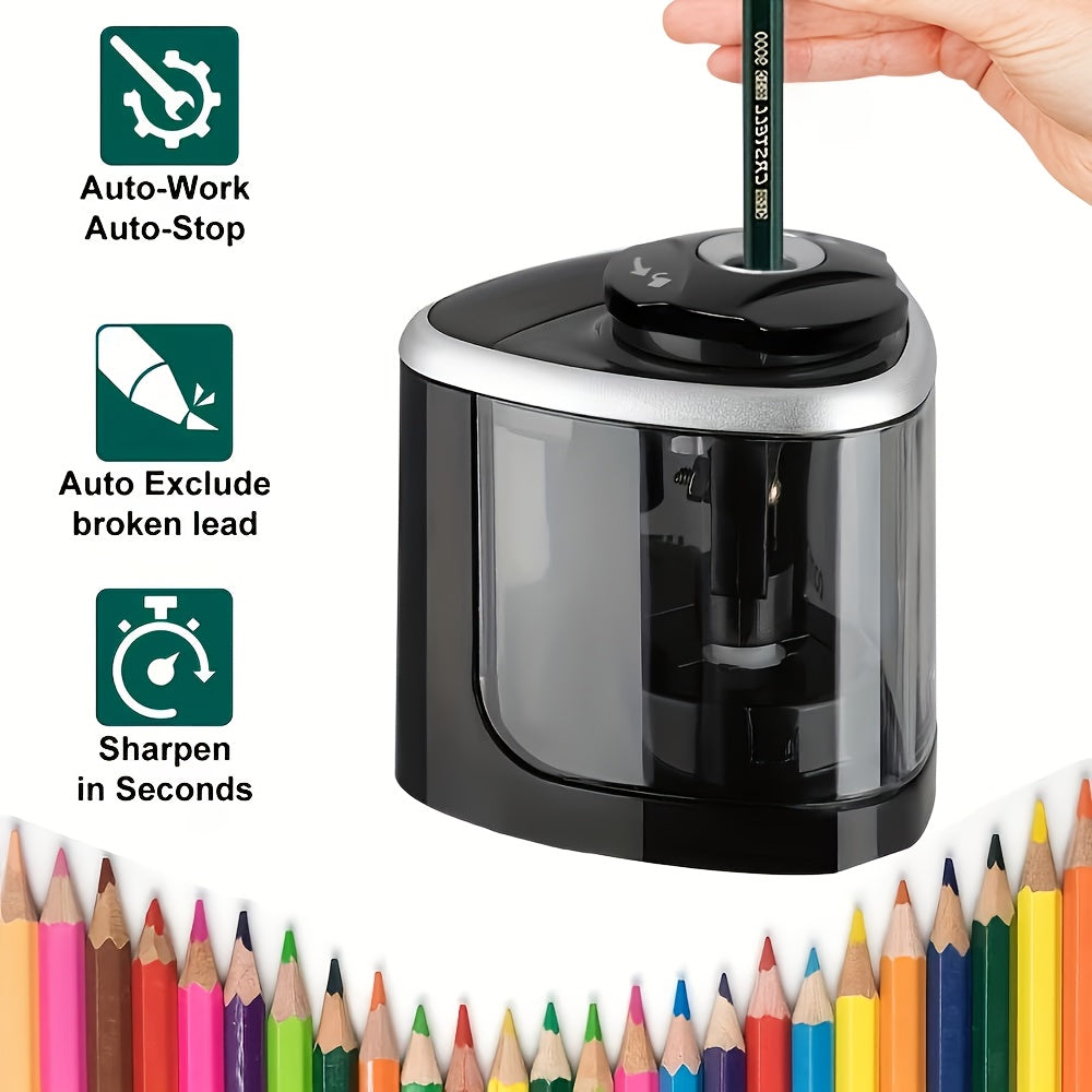 An automatic electric pencil sharpener that quickly sharpens in seconds. Features - suitable for desktop use, maintenance-free, compact design, sharpens pencils in seconds, electric pencil sharpener, office supplies, stylish design, shavings