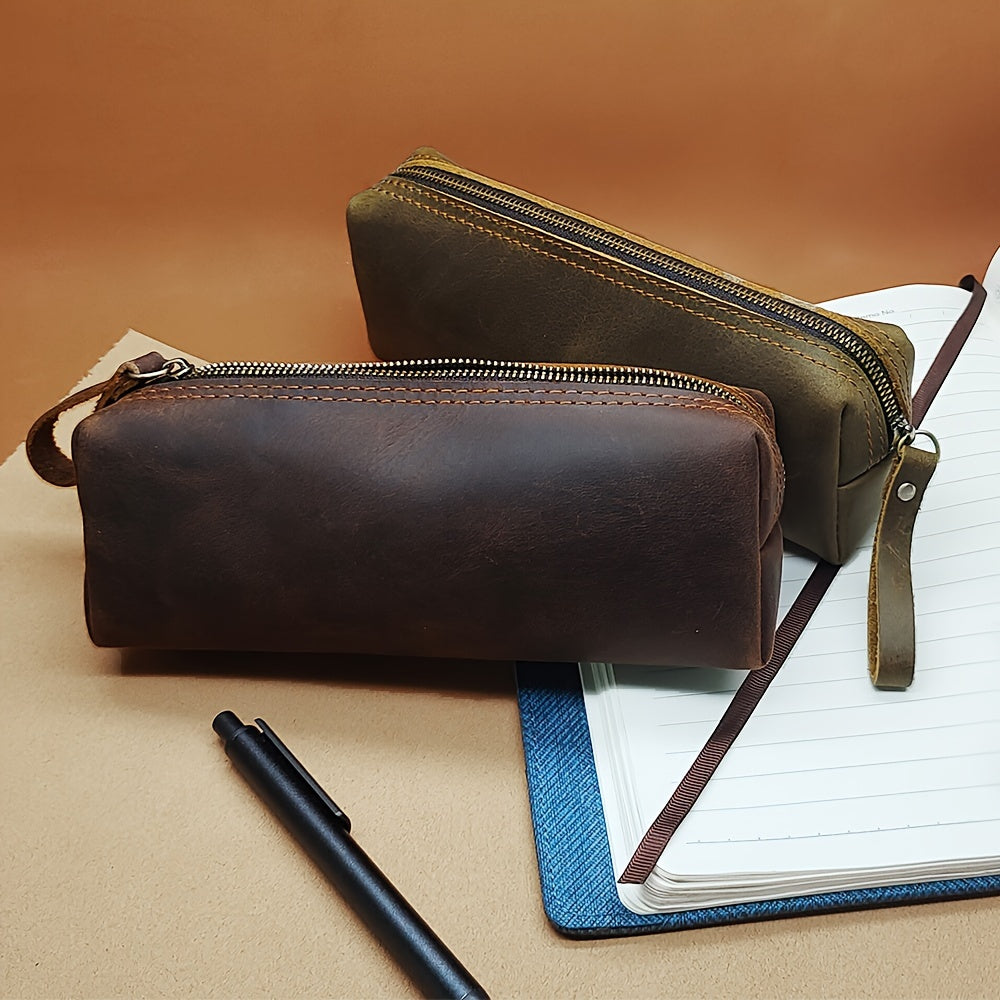 Vintage Leather Pencil Case Vintage-Style Genuine Leather Men's Pencil Case | Top-Grain Cowhide Clutch for Coins, Keys, Stationery - Perfect Father's Day Gift or Birthday Present for School & Office