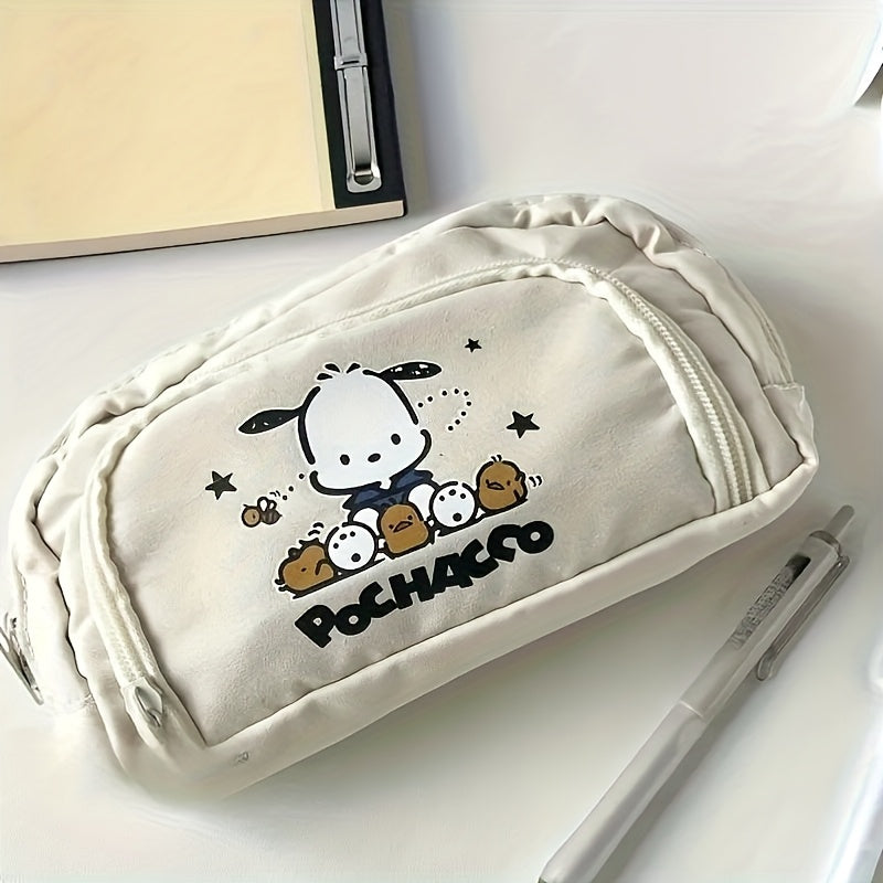 1pc of Beige Pencil Case with a Flap Featuring a Pacha Dog, Stylish Design, Large Capacity, And Multiple Layers for Organizing Stationery