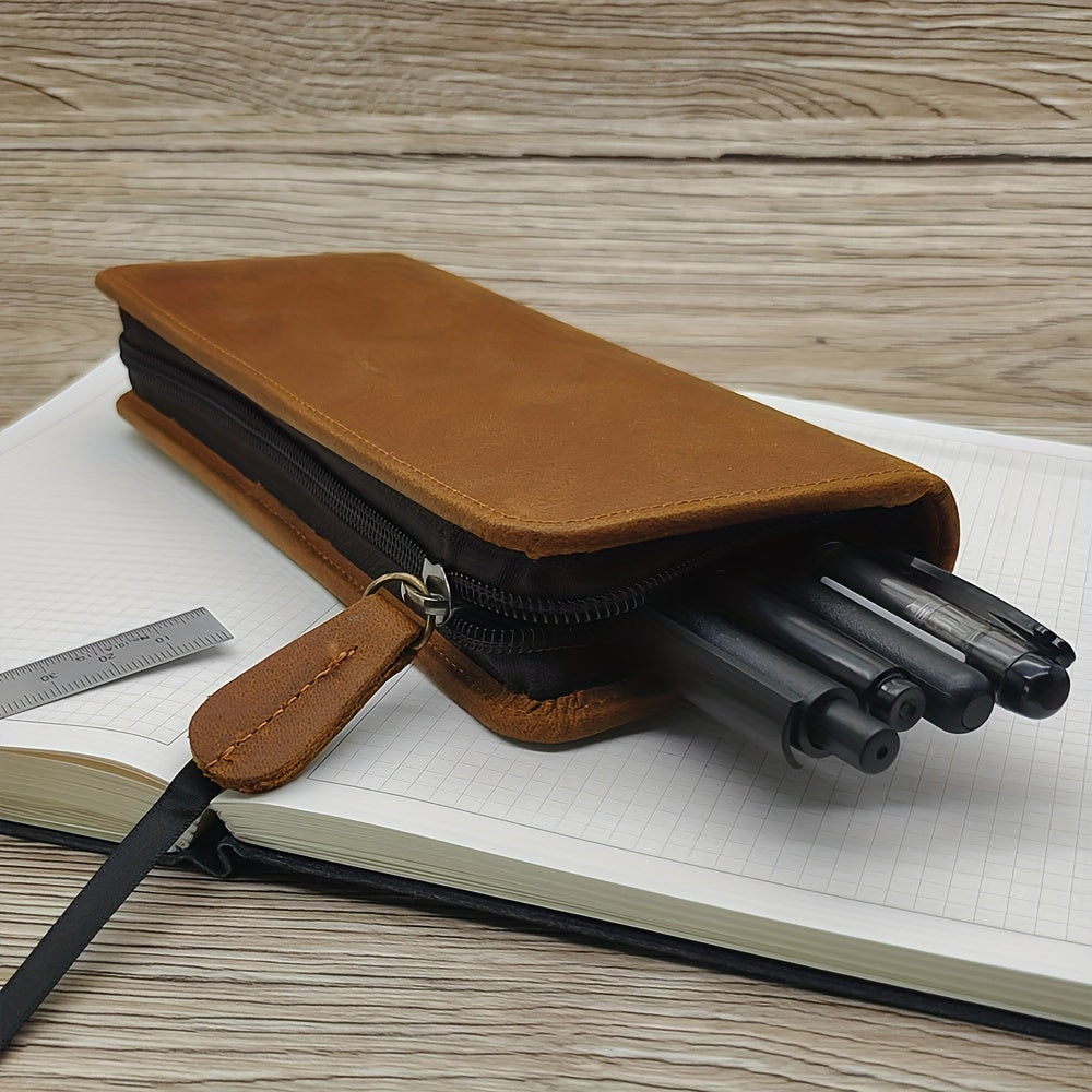 A Vintage Crazy Horse Leather Pencil Case Made of Top Layer Cowhide, Featuring a Creative Square Zipper Design, Pocket Insert for Pens, Perfect As a Father'S Day Gift Or a Birthday Present for Men