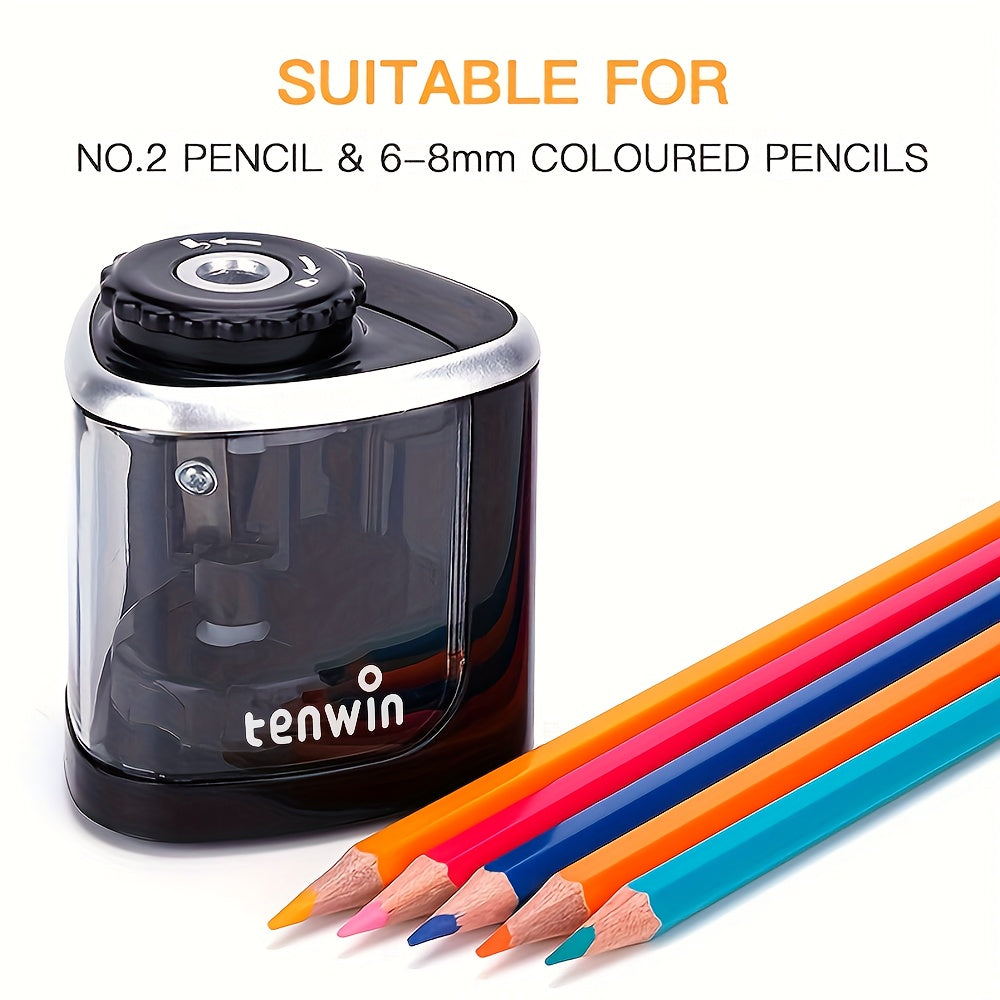 TENWIN Electric Sharpener TENWIN Electric Pencil Sharpener | Automatic, Durable, No Battery Needed | for School, Office, Art & Craft Supplies, Desk, School Stationery, Modern Stationery, Metallic Accent, with Colorful Pens