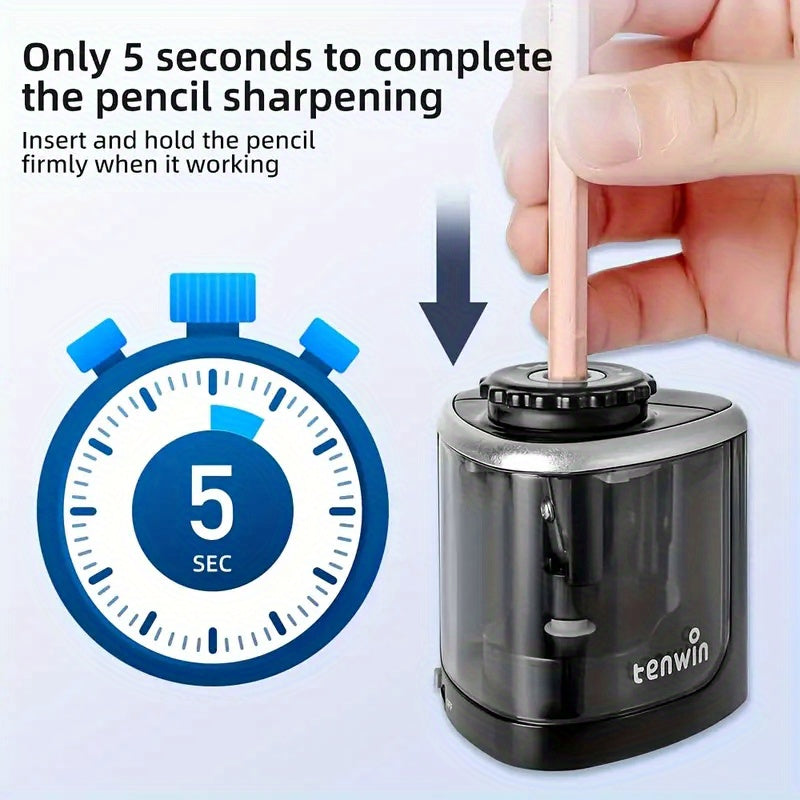 An automatic electric pencil sharpener that quickly sharpens in seconds. Features - suitable for desktop use, maintenance-free, compact design, sharpens pencils in seconds, electric pencil sharpener, office supplies, stylish design, shavings