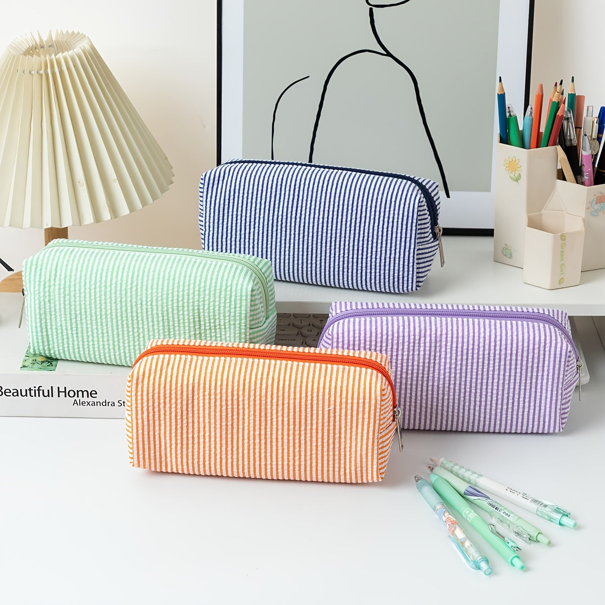 1pc Large Capacity Bubble Gauze Pencil Case with Embroidered Striped Supply Organizer - Bubble Layers for Easy Access, Compact Travel Storage Bag for,, Students (for erasers, Rulers, Pens, Notebooks)