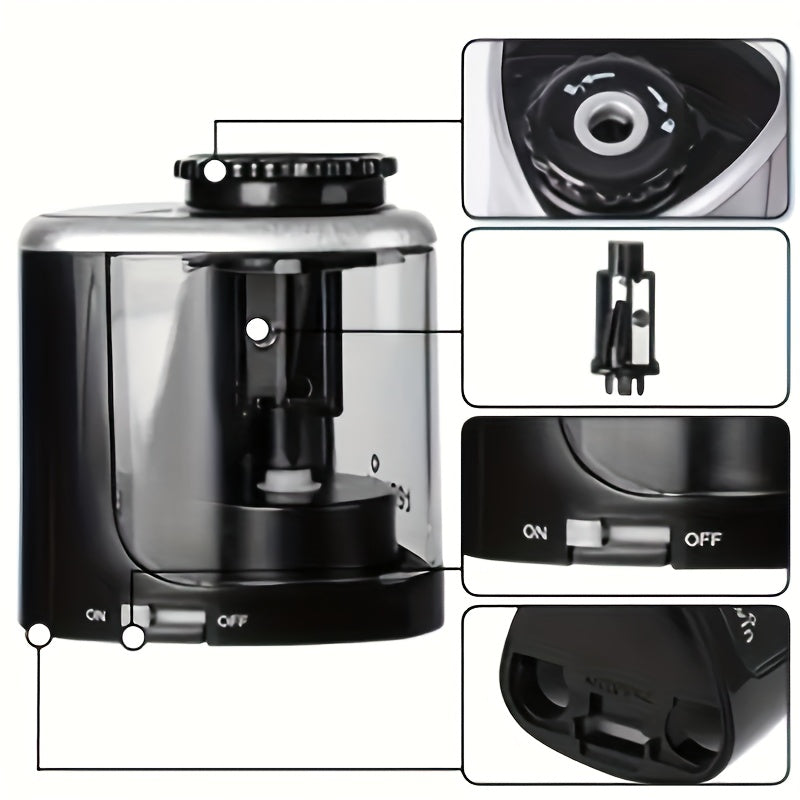 An automatic electric pencil sharpener that quickly sharpens in seconds. Features - suitable for desktop use, maintenance-free, compact design, sharpens pencils in seconds, electric pencil sharpener, office supplies, stylish design, shavings