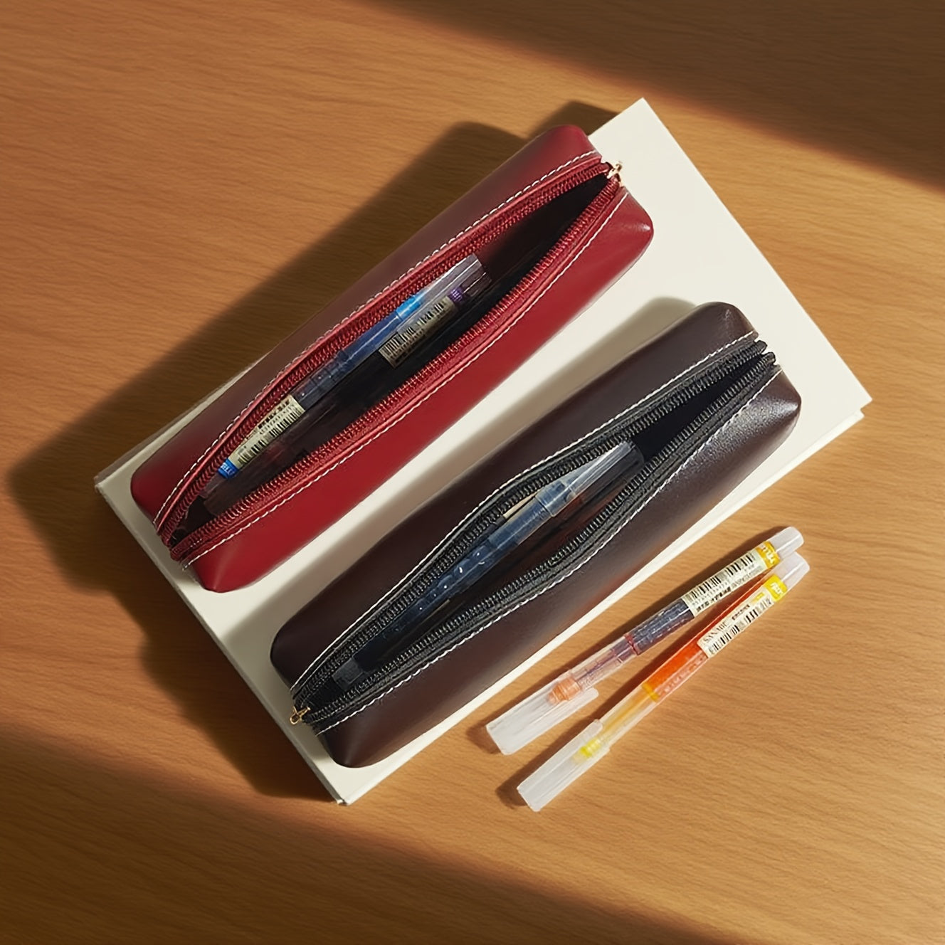 Minimalist Faux Leather Pen Case Compatible for Pens, Pencils & Small Items - Zipper Closure & Labeling, Wine Color & Black - Compact Durable Pencil Holder for, Office, for stationery Organization (Students, Teachers)