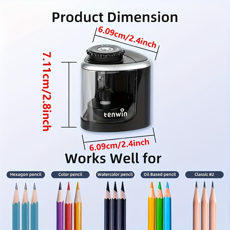 An automatic electric pencil sharpener that quickly sharpens in seconds. Features - suitable for desktop use, maintenance-free, compact design, sharpens pencils in seconds, electric pencil sharpener, office supplies, stylish design, shavings
