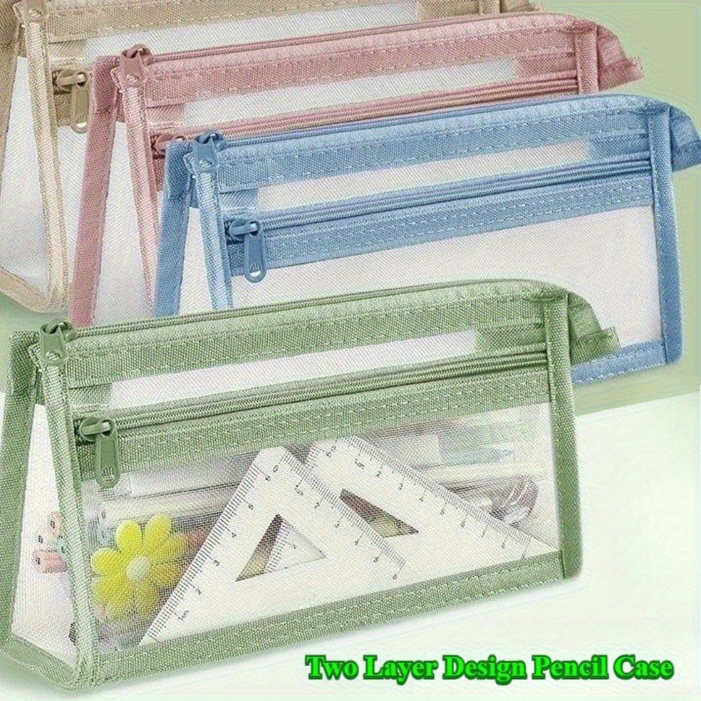 Double-Layer Stationery Pouch Available in 1 Or 4 Packs, Featuring 4 Colors, a Large Zippered Design for Organizing School Supplies, And Multifunctional Use