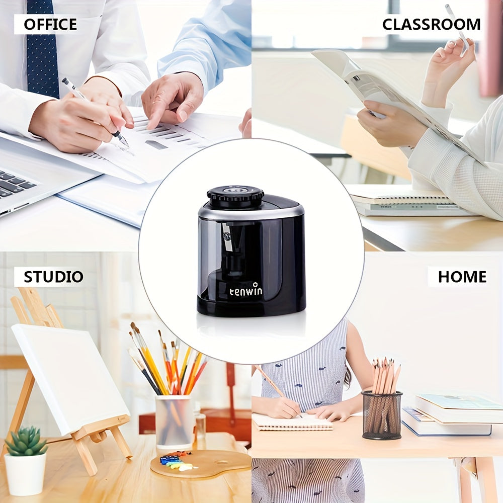 TENWIN Electric Sharpener TENWIN Electric Pencil Sharpener | Automatic, Durable, No Battery Needed | for School, Office, Art & Craft Supplies, Desk, School Stationery, Modern Stationery, Metallic Accent, with Colorful Pens
