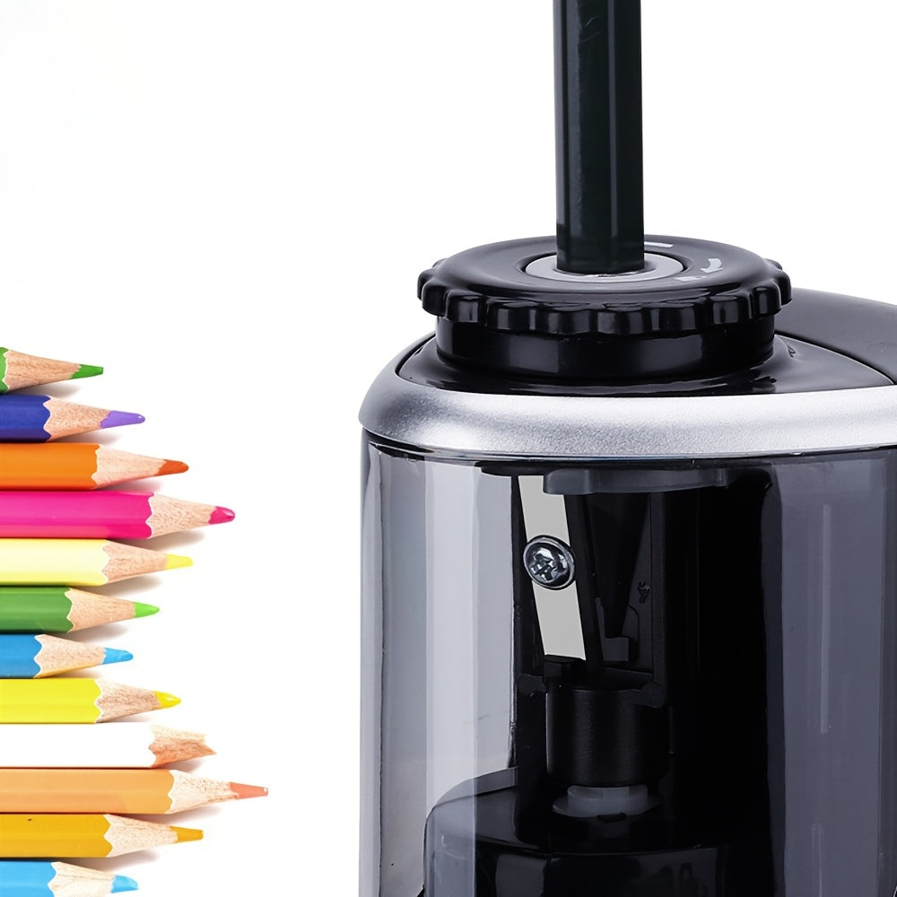 An automatic electric pencil sharpener that quickly sharpens in seconds. Features - suitable for desktop use, maintenance-free, compact design, sharpens pencils in seconds, electric pencil sharpener, office supplies, stylish design, shavings